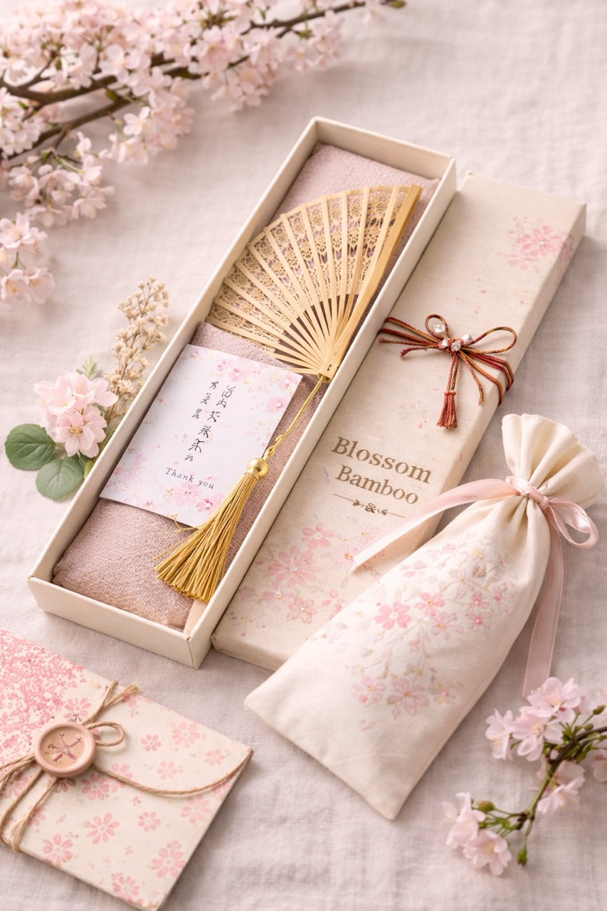 Blossom & Bamboo gift set with a wooden fan, floral packaging, and a soft fabric pouch